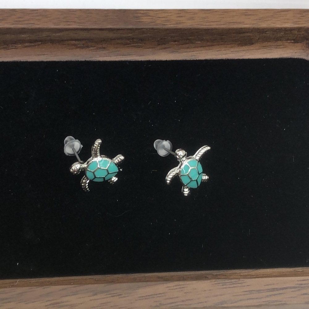 Turquoise and Silver Tone Sea Turtle Earrings - Picture 6 of 7
